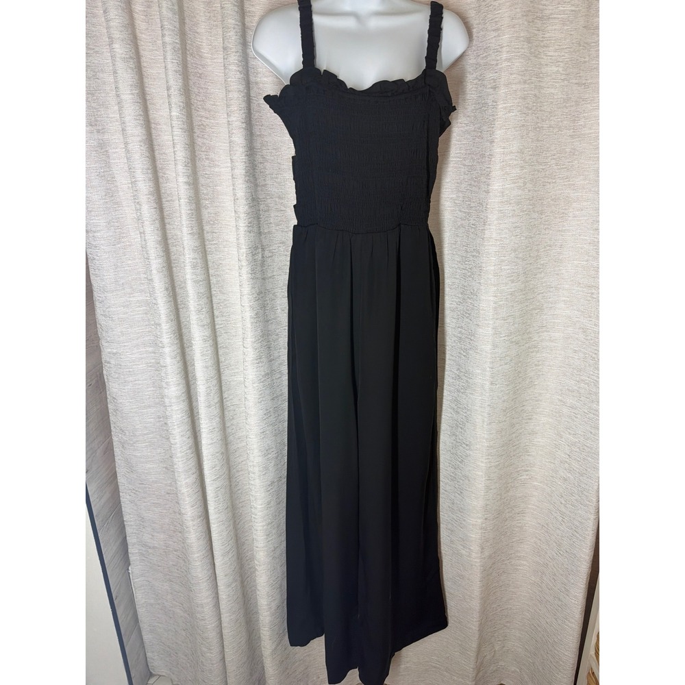English Factory Black Smocked Open Back Wide Leg Jumpsuit Romper Pockets Large